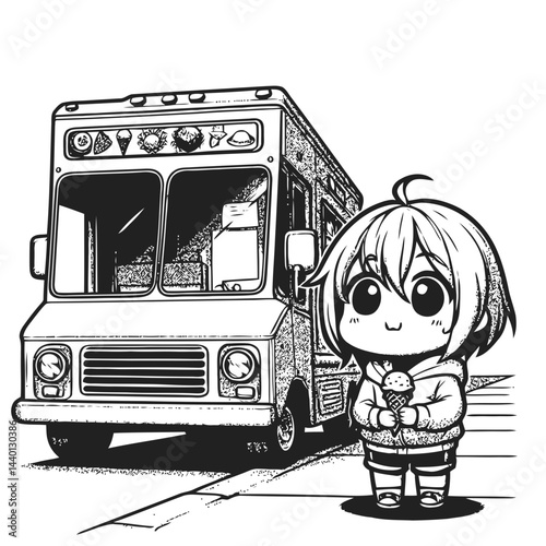 Chibi child enjoying their first ice cream purchase from a colorful truck, an exciting and joyful moment in the warm summer sun