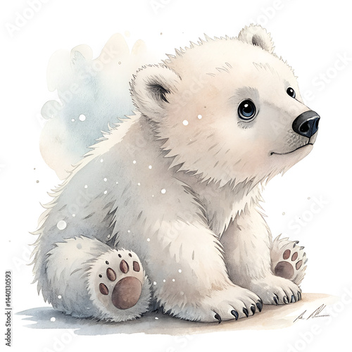 Adorable Baby Polar Bear Cub – Watercolor Wildlife Illustration with Soft Pastels
