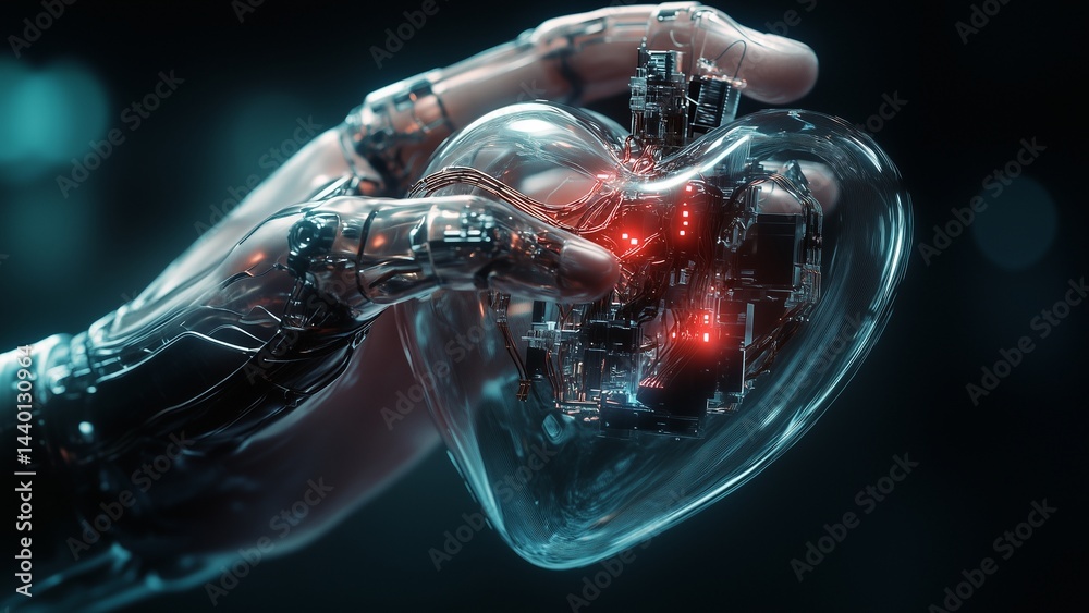Human hand wires inside transparent robot heart, representing compassion and innovation. Realistic macro photography.