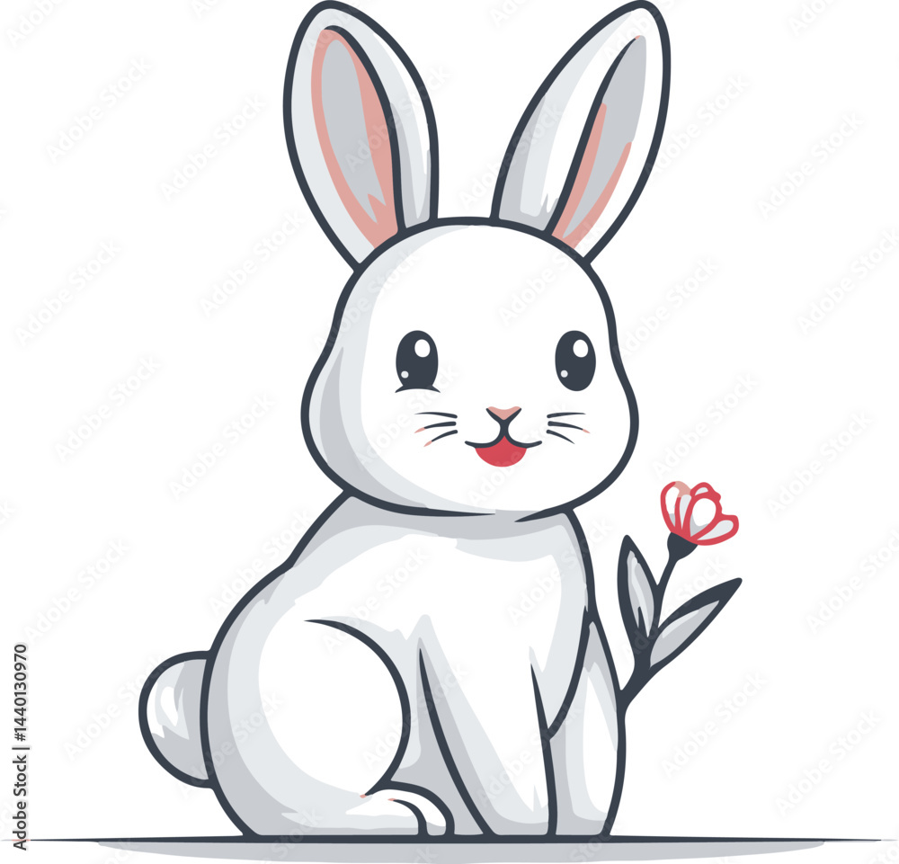 Obraz premium Cute white rabbit holding a flower in a playful pose with a friendly expression in a light background