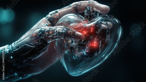 Obraz na płótnie Human hand wires inside transparent robot heart, representing compassion and innovation. Realistic macro photography. w salonie