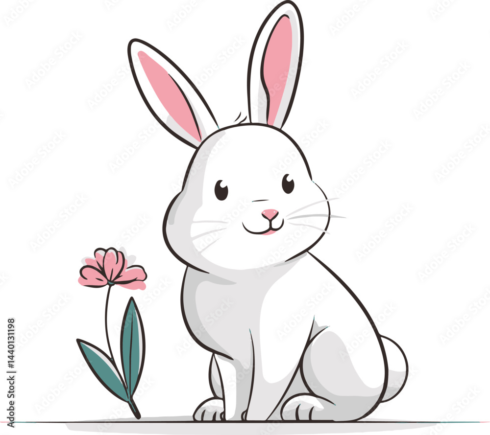 Fototapeta premium Cute white rabbit sitting next to a pink flower in a simple, colorful illustration surrounded by soft pastel tones