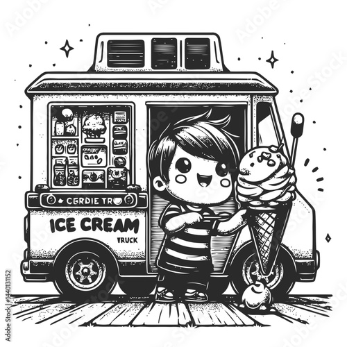 Adorable chibi child buying ice cream for the first time, feeling thrilled with excitement as they enjoy the treat under a bright sunny sky