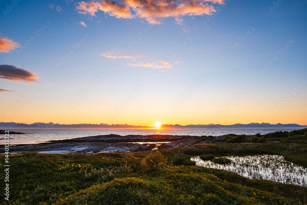 Fototapeta premium Midnight sun in summer over the sea and meadow in the Arctic circle, Nordland County, Norway