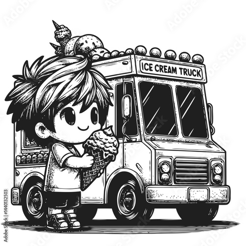 Chibi character having a blast buying ice cream from an ice cream truck, enjoying the first sweet treat of the summer season with happiness