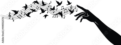 Hand Releasing Birds Transforming into Music Notes