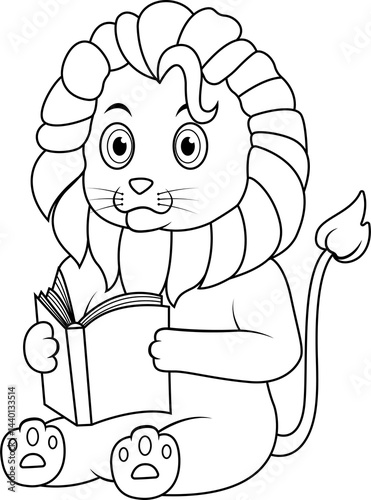 A cute lion reading a book line art