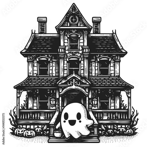 Charming chibi illustration of a haunted house tour with Halloween-themed spooky vibes and eerie details