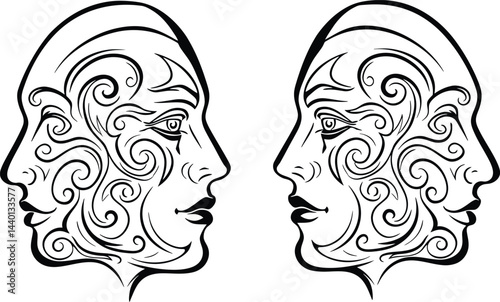 Merging Faces: Abstract Black and White Vector Art