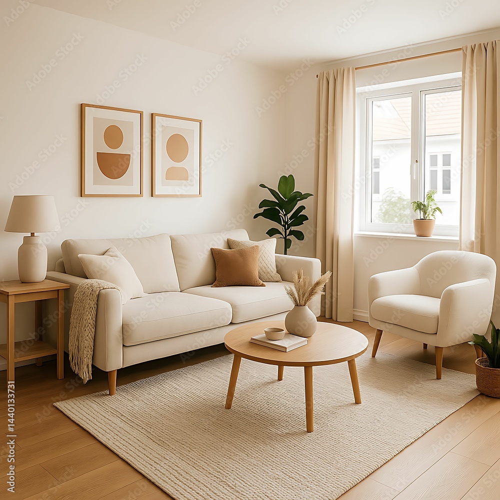 Fototapeta premium A cozy, modern living room with neutral tones, minimalistic decor, natural light, and comfortable furniture.