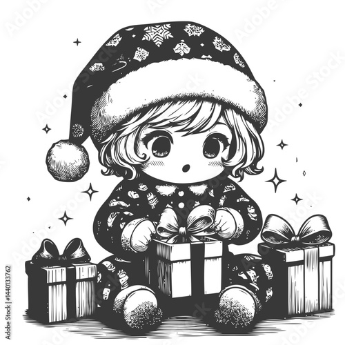 Chibi character reveling in Christmas joy while opening gifts amidst a festive winter setting