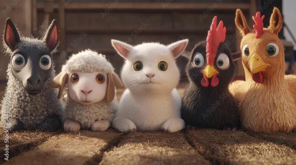 Fototapeta premium A group of animals, including a cat, a chicken, and a horse