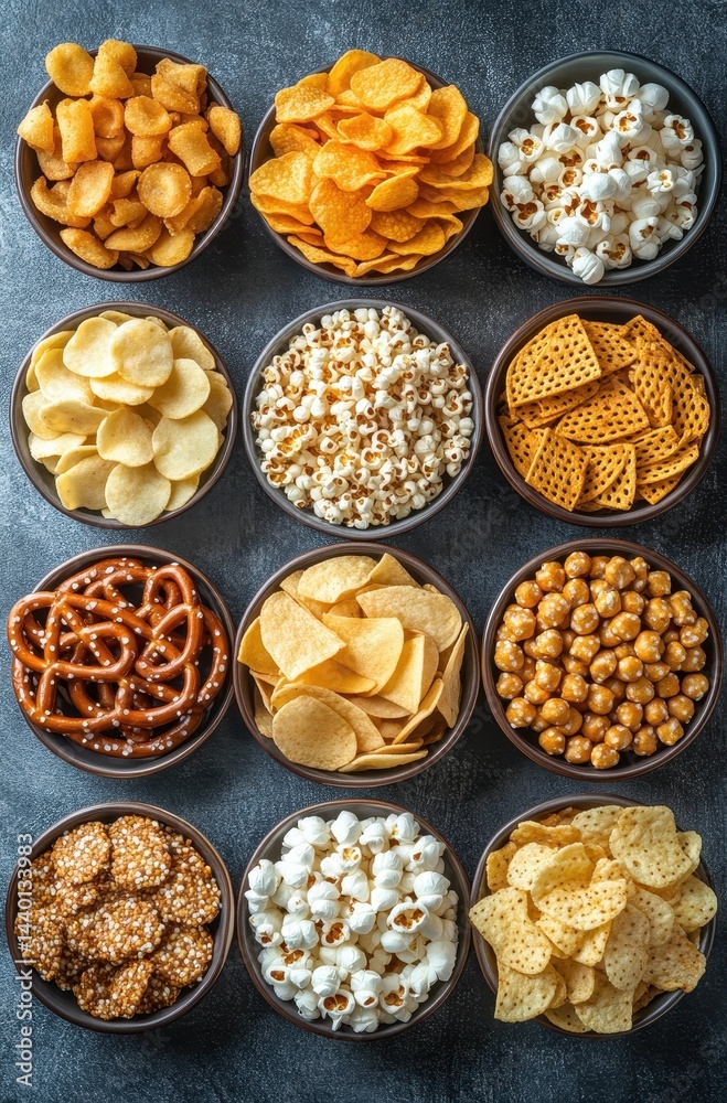 Fototapeta premium Variety of Snacks in Bowls Displayed on Dark Surface Perfect for Movie Night or Party Celebration Gatherings Featuring Chips Popcorn Pretzels and More