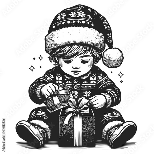 Cheerful chibi child in holiday pajamas surrounded by festive Christmas gifts and seasonal decor