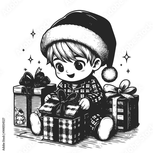 Chibi child unwrapping Christmas gifts in a cozy holiday scene with festive decorations and joyful vibes