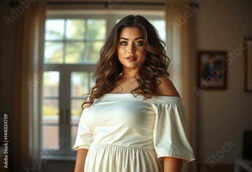 Photorealistic portrait of a plus-size model in a natural light setting Free Download Photorealistic portrait of a plus-size model in a natural light setting - GFXLoad