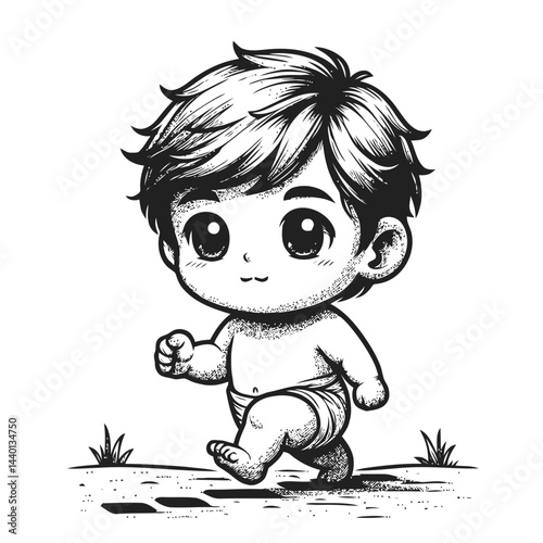 Chibi baby walking toward a welcoming parent with arms outstretched in celebration of first steps