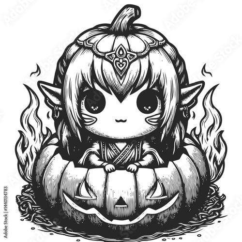 Happy chibi figure carving Halloween pumpkins amidst colorful autumn leaves and festive decorations
