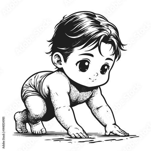 Chibi baby on the verge of taking first steps with parents watching closely