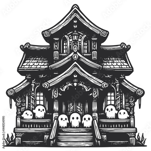 Chibi character exploring a spooky haunted house with Halloween-themed eerie creepy fun decorations