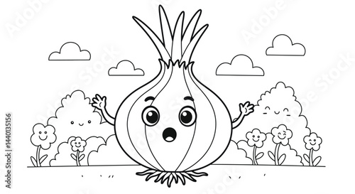 Astonished Surprised Onion Cartoon Outline Drawing for Childrens Creative Coloring