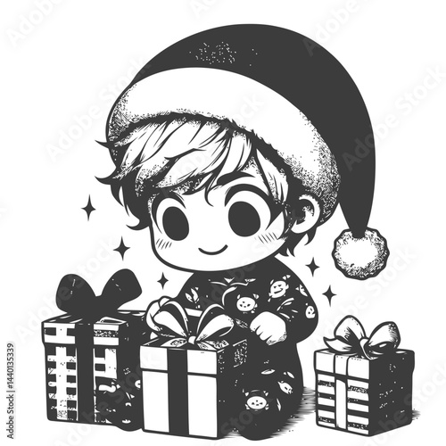Playful chibi child in cozy pajamas surrounded by holiday gifts and seasonal decorations