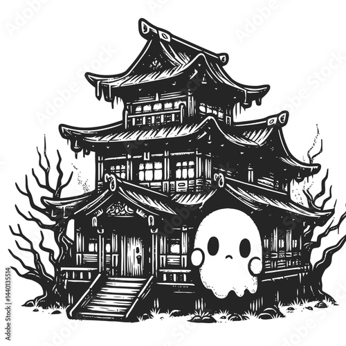 Chibi character in a spooky haunted house with Halloween-themed eerie creepy decorations and fun vibes