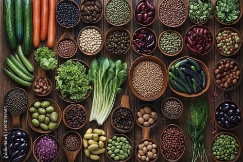 Variety of colorful beans, vegetables, and grains photo