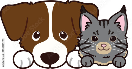 Simple and adorable illustration of Jack Russell Terrier and Maine Coon