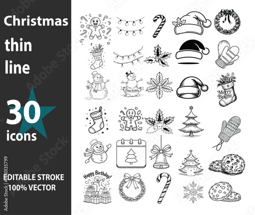 Christmas icons, hand-drawn style, thin line illustrations, black and white sketches, holiday symbols, Santa hat, candy cane, snowflake, wreath, stocking, gift box, Christmas tree, ornament, star, bel