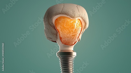 Cross section of a soft tissue implant with bone screw on a turquoise background. Detailed textures