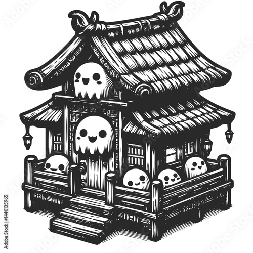 Illustration of a chibi character walking through a spooky haunted house with Halloween-themed eerie decorations