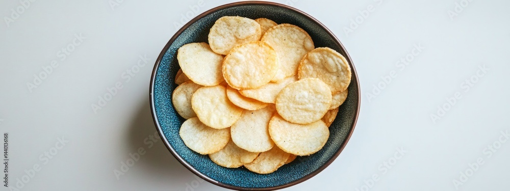 A bowl of potato chips is sitting on a white table A bowl of potato chips is sitting on a white table