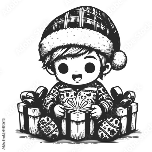 Charming cartoon child unwrapping presents in Christmas pajamas during a magical holiday celebration