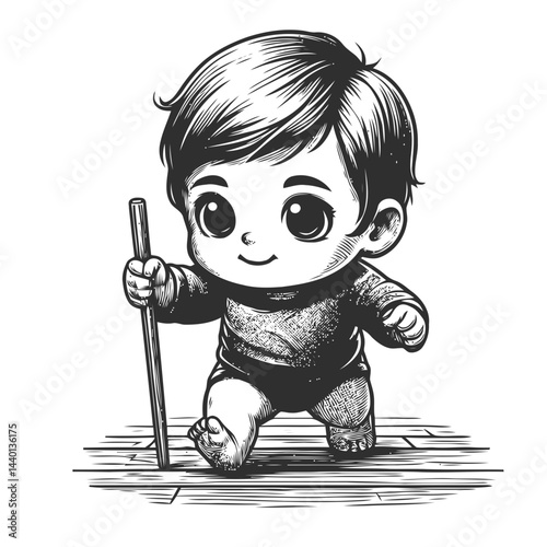 Chibi baby learning to walk with happy parents cheering on first steps