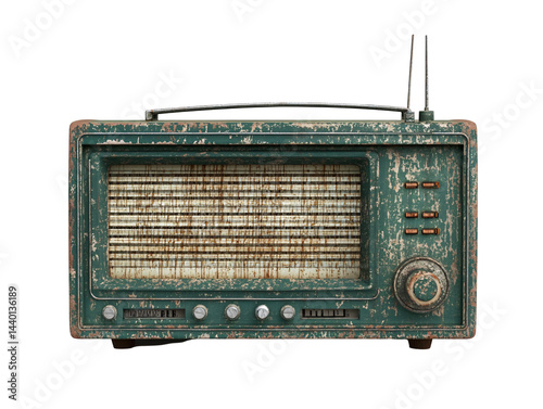 an old radio with rusted metal panel