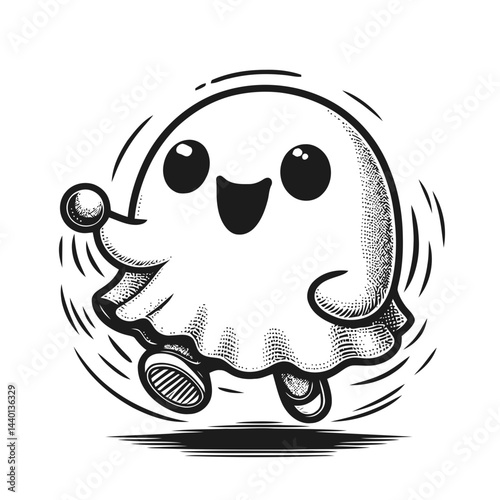 Spirited chibi ghosts dancing playfully, ideal for Halloween-themed creative designs and decorative festive illustrations.