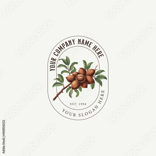 pecan nut branch and fruit, hand drawn logo design 