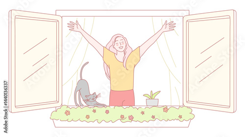 A cheerful scene of a woman happily enjoying quality time with her cat amidst fresh air and lush greenery