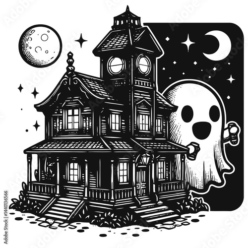 Adorable chibi character on a spooky tour of a haunted house featuring Halloween decorations and eerie vibes