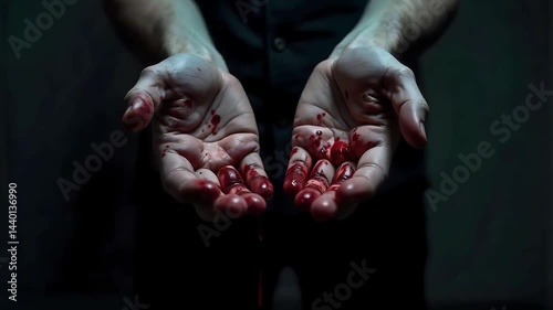 Bloodied hands, hands dripping with blood, criminal bad man concept