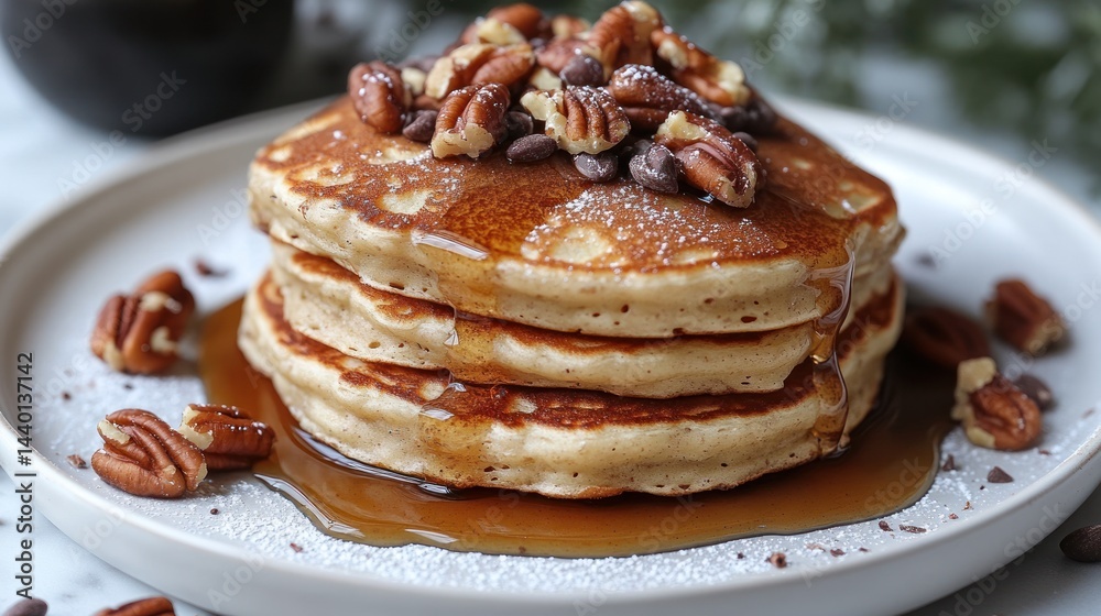Stack of pancakes topped with nuts and syrup on a white plate. Stack of pancakes topped with nuts and syrup on a white plate.