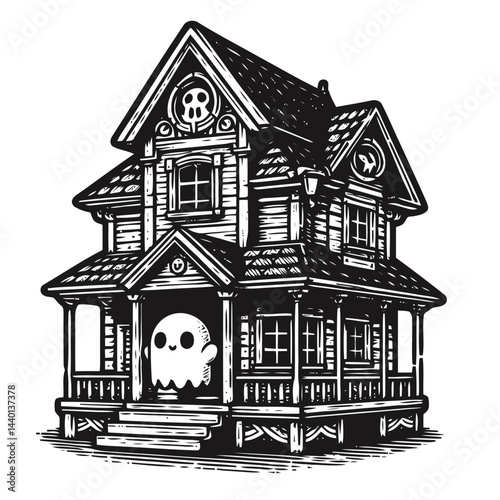 Cute chibi character wandering through a spooky haunted house with Halloween-themed eerie creepy fun decorations