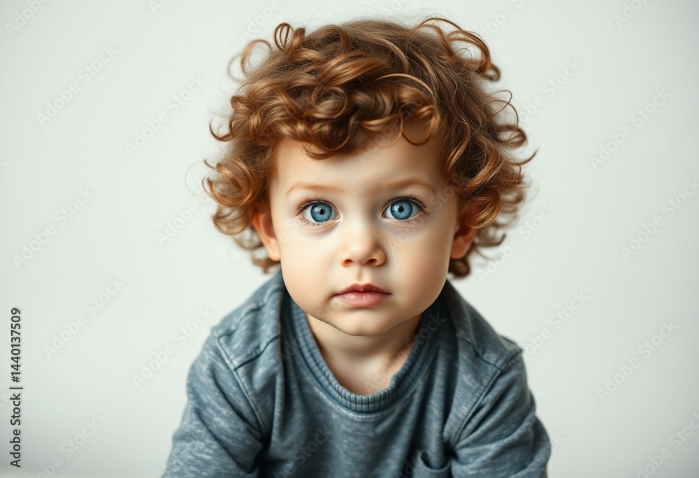 Naklejka premium Portrait of a 3-year-old boy with curly brown hair and bright blue eyes