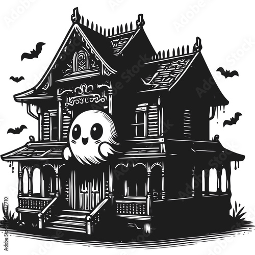 Chibi character enjoying a spooky haunted house tour filled with Halloween-themed eerie creepy elements