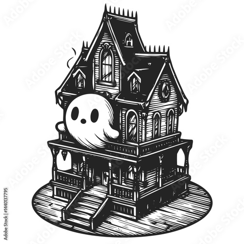Chibi character enjoying a spooky haunted house tour filled with Halloween-themed eerie details