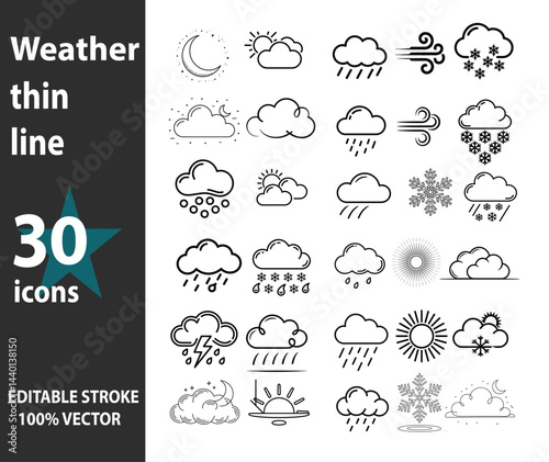 Weather Icons Thin Line Monochrome Set for Minimalist Forecast and Climate Infographics