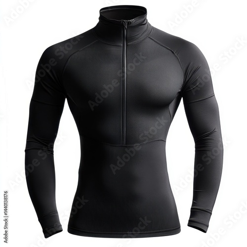 Fitted black zip-up long-sleeve compression shirt for men with high neck and sleek athletic design
