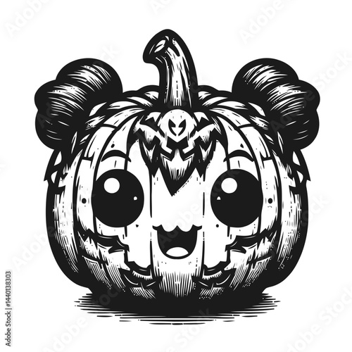 Happy chibi child carving pumpkins for a festive Halloween surrounded by bright seasonal decorations