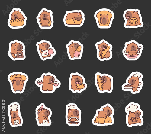 Capybara baking character set featuring adorable food scenes with bread, toast, cookies, baguettes, donuts and joyful kitchen moments for yours illustration and creative designs projects